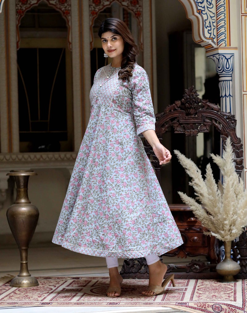 Miravan Floral Printed Cotton Anarkali for Women - Image 5